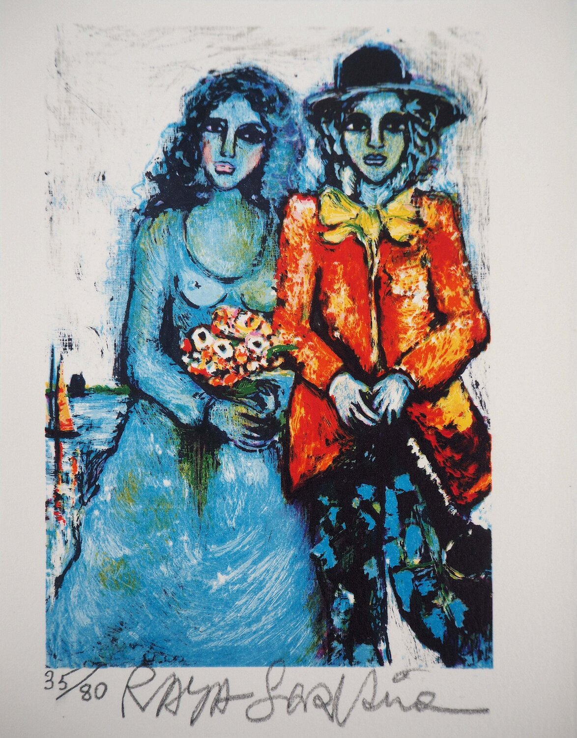 La mariée bleue, Lithographie originale signée Alain Sorkine Druck zu verkaufen