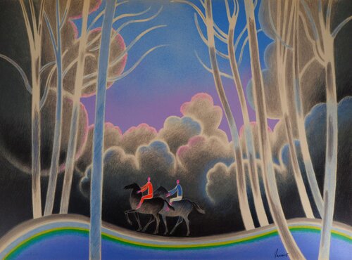 Couple de cavaliers (Promenade en forêt), Lithographie originale signée Albert Zavarro