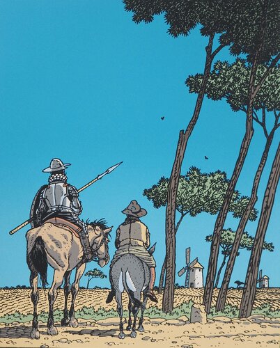 Dom Quichotte à cheval accompagné par son écuyer, Sérigraphie originale signée by André Juillard, Print for Sale on Singulart