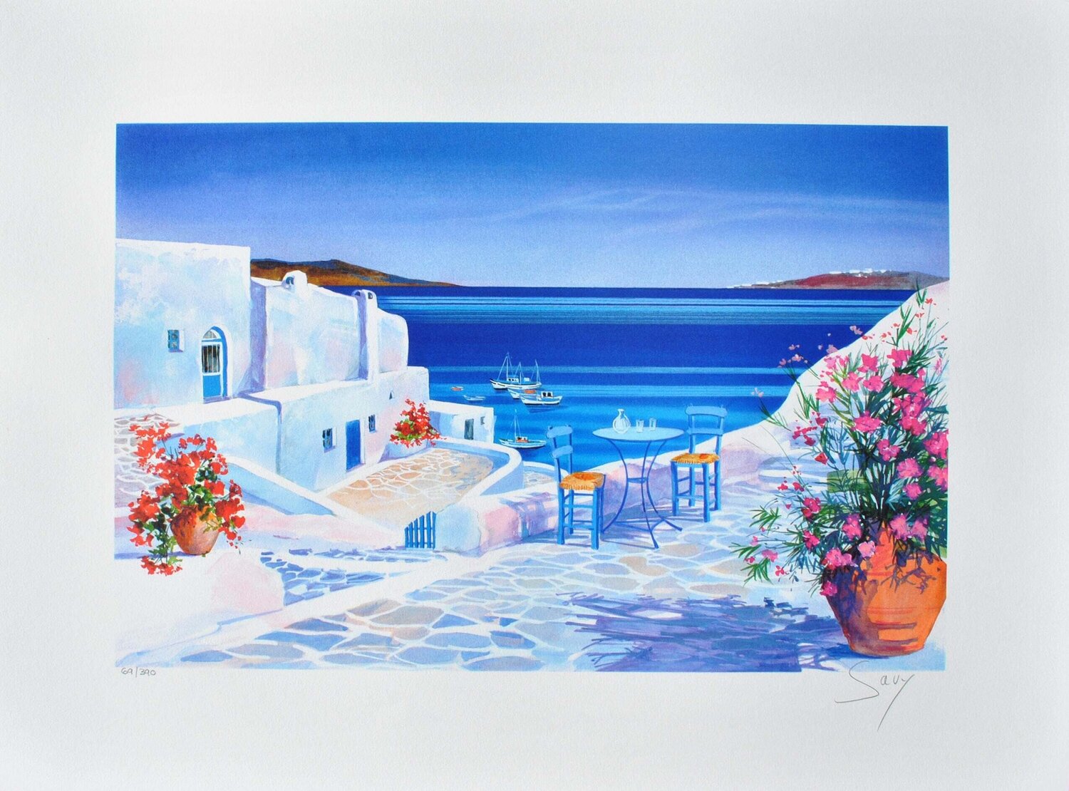 Terrasse à Santorin, Lithographie originale signée André Savy Stampa in vendita