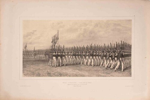 Défilé d’Infanterie (Colonne serrée par Pelotons), Régiment de Grenadiers du Gd. Duc de Brunswick (Camp de Brunswick) von Auguste Raffet, Druck kaufen auf Singulart
