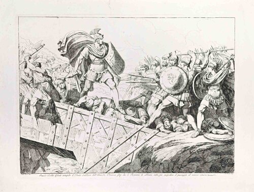 Horace Cocles fearlessly defends the Sublician Bridge from the Etruscan Army von Bartolomeo Pinelli, Druck kaufen auf Singulart