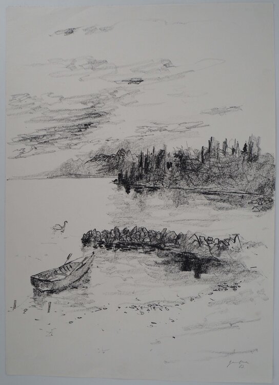 Suisse, Barque sur le Lac Léman, Dessin original signé Bernard Gantner