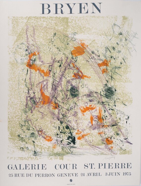 Composition abstraite en vert, orange et mauve, Affiche en lithographie originale, signée Camille Bryen