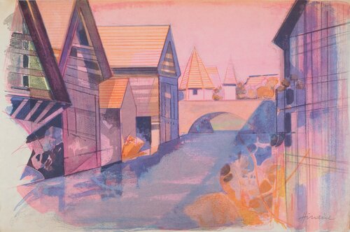 Maisons à colombages et La Weiss à Kaysersberg, Lithographie originale signée Camille Hilaire