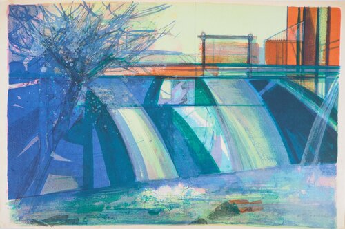 Le barrage, Lithographie originale signée di Camille Hilaire, Stampa in vendita su Singulart