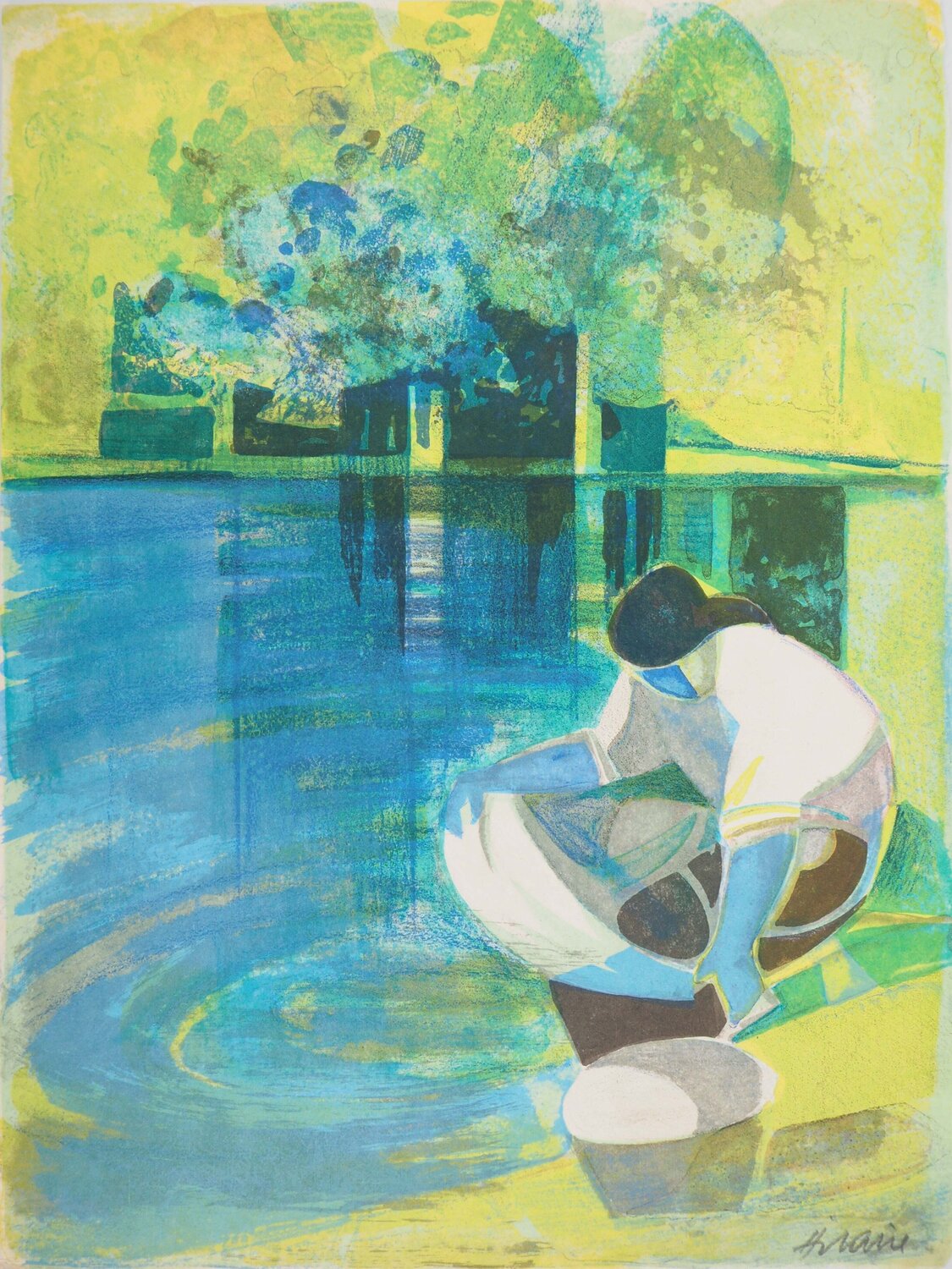 La Lavandière, Lithographie originale signée Camille Hilaire Afdruk te koop