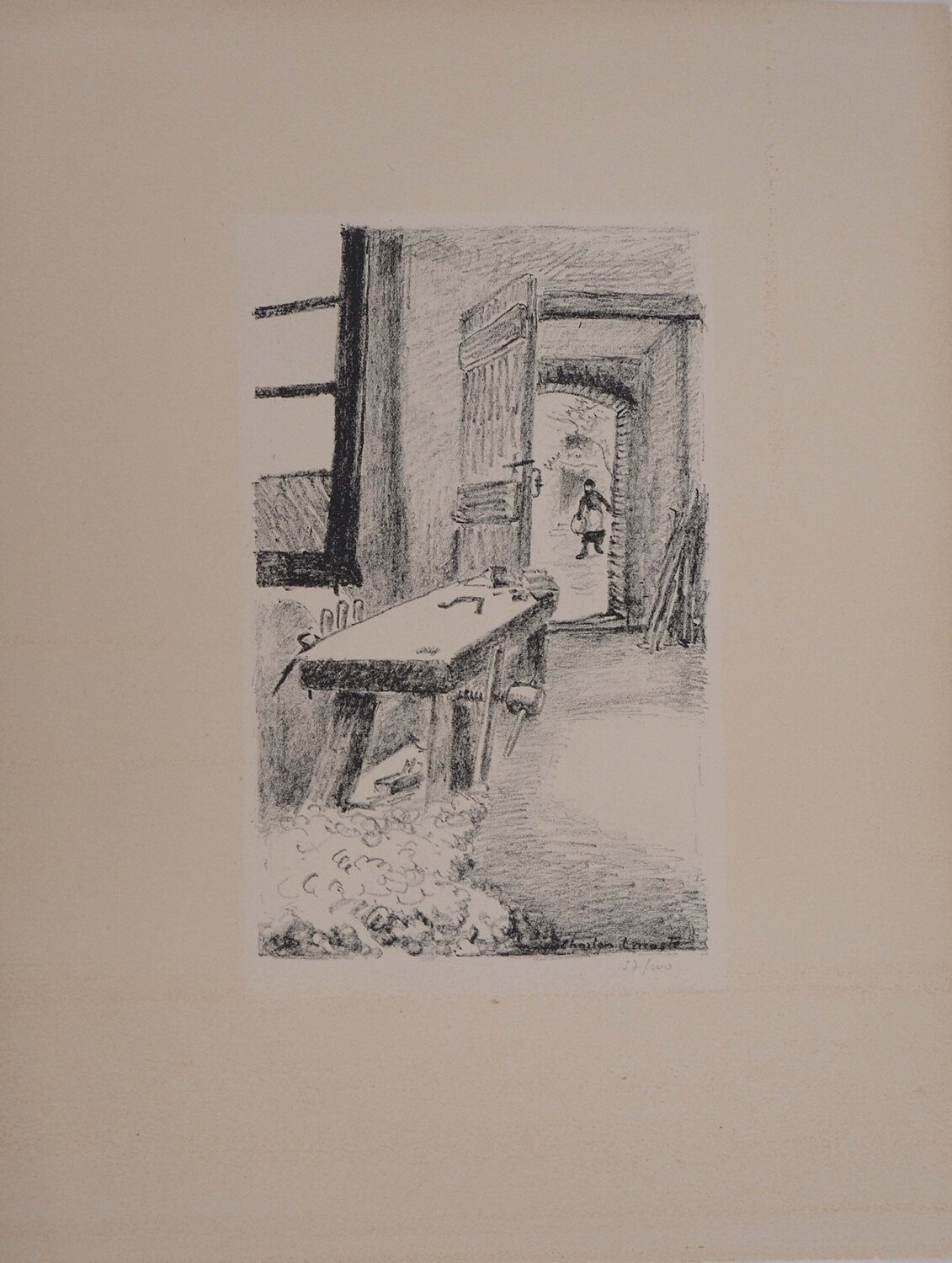 Le vieil atelier de menuiserie, Lithographie originale signée Charles Lacoste Stampa in vendita