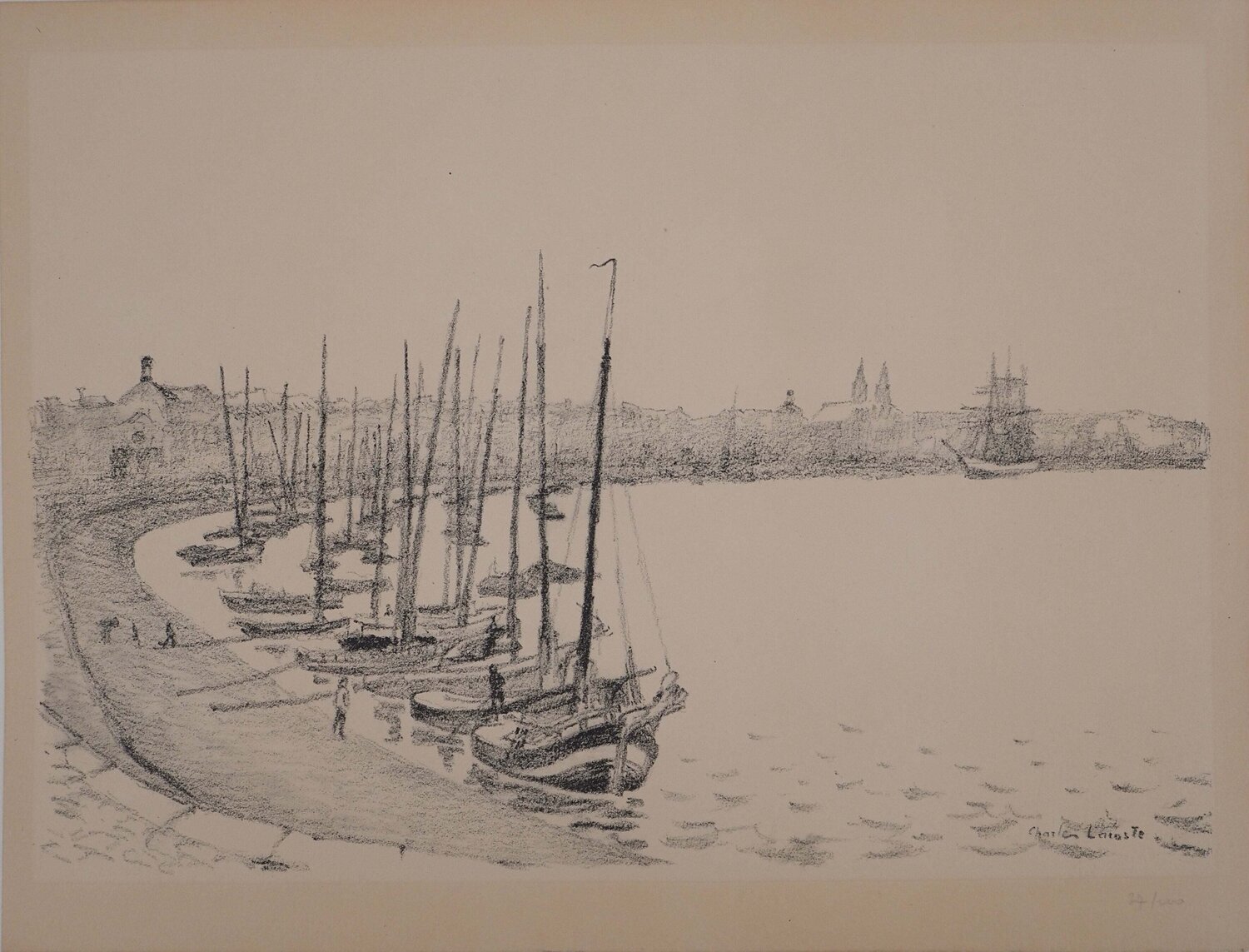 Bordeaux, Voiliers dans la rade, Lithographie originale signée Charles Lacoste Impresión en venta