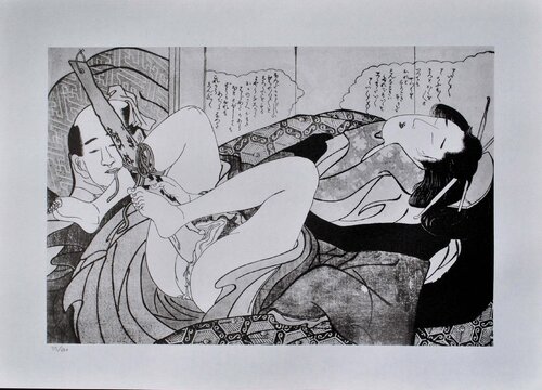 Plaisir solitaire, Lithographie érotique japonaise Chokosai Eisho