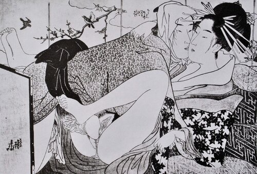 Geisha et le paysan, Lithographie érotique japonaise Chokosai Eisho
