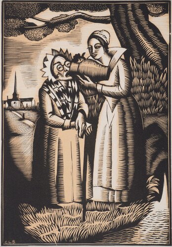 Vieille femme et fée, Gravure sur bois originale signée de Constant Le-Breton, Impresión a la venta en Singulart