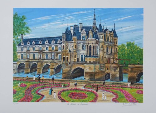 Le château de Chenonceau, Lithographie originale Dan Gandre