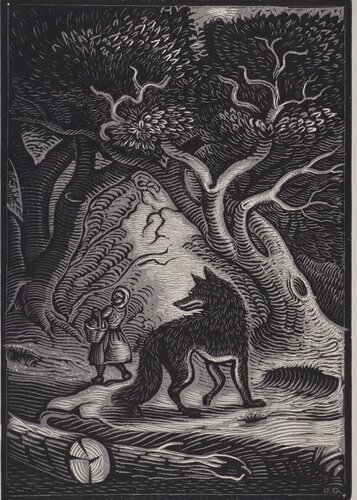 Le petit chaperon rouge et le loup, Gravure sur bois originale signée von Demetrios Galanis, Druck kaufen auf Singulart