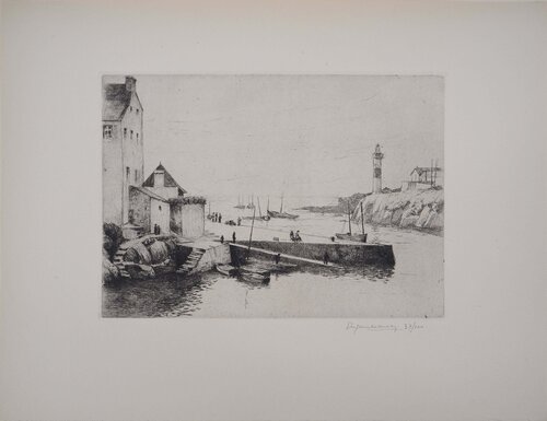 Bretagne : Petit Port et Phare, Gravure originale signée Eugene Corneau
