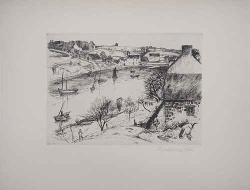 Rivière animée en Bretagne, Gravure originale signée de Eugene Corneau, Impresión a la venta en Singulart