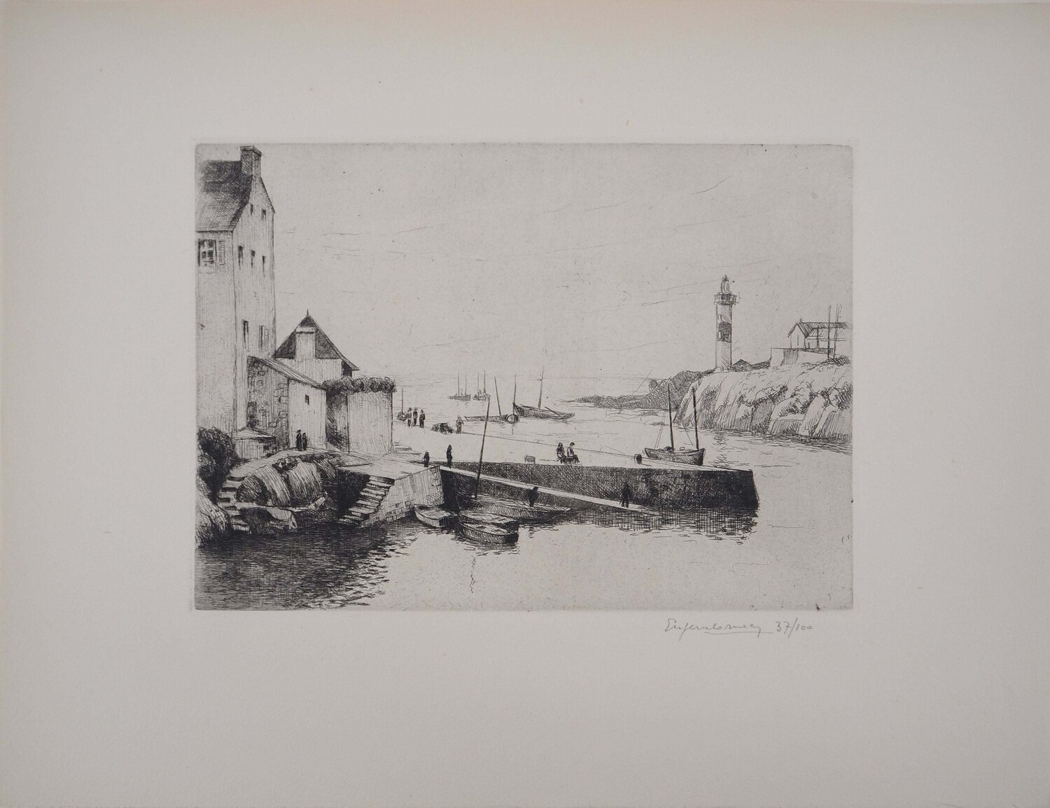 Bretagne : Petit Port et Phare, Gravure originale signée Eugene Corneau Impresión en venta