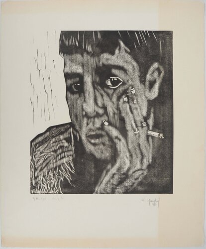 Homme à la cigarette, Gravure sur bois originale signée van François Maréchal, Afdruk te koop op Singulart