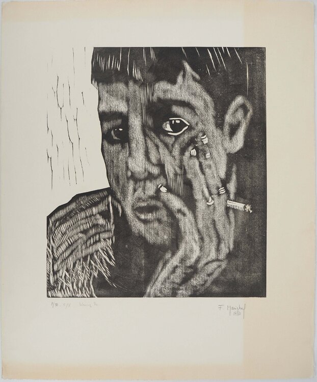 Homme à la cigarette, Gravure sur bois originale signée François Maréchal
