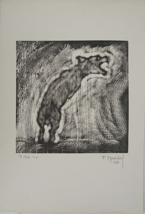 Rage, loup hurlant, Gravure sur bois originale signée François Maréchal