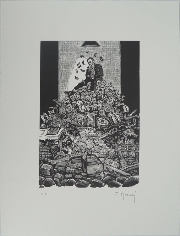 Vanité, Les tourments du monde, Gravure sur bois originale signée François Maréchal
