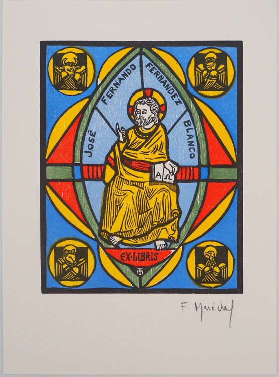 Christ et tétramorphe, Gravure sur bois originale signée François Maréchal