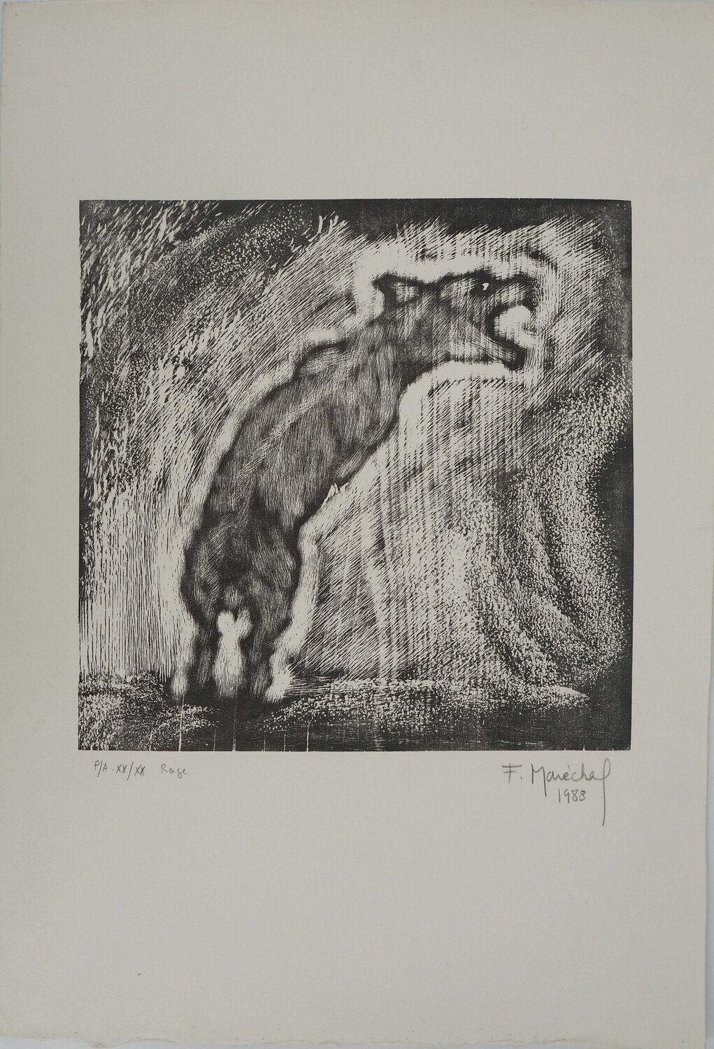 Rage, loup hurlant, Gravure sur bois originale signée François Maréchal Impresión en venta
