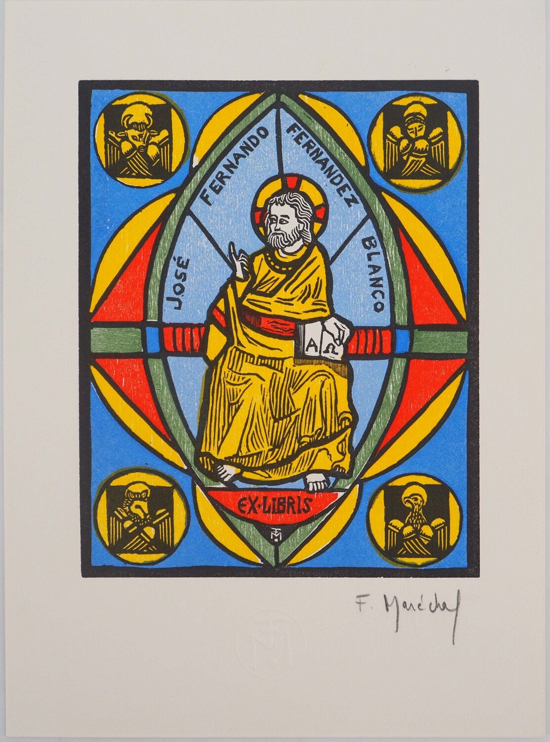 Christ et tétramorphe, Gravure sur bois originale signée François Maréchal Édition à vendre