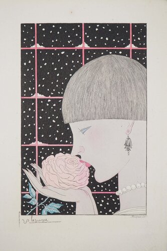 Art déco, Jeune femme à la rose, Gravure originale signée de Georges Lepape, Impresión a la venta en Singulart