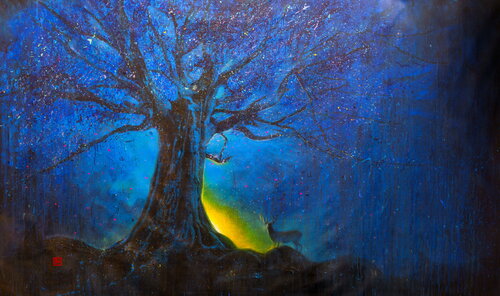 Untitled ( Blue Evening and a Deer ) by Michael Andrew Law Cheuk Yui, Painting for Sale on Singulart