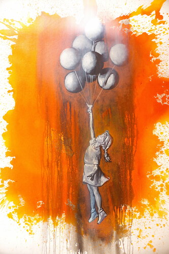 Untitled ( Banksy's balloon Girl in Orange Red ) by Michael Andrew Law Cheuk Yui, Painting for Sale on Singulart