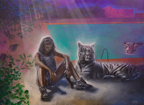 Untitled ( White Tiger and a Girl with White Tiger Next to a pool ) van Michael Andrew Law Cheuk Yui, Schilderij te koop op Singulart