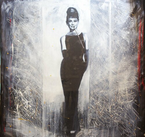 Untitled (Audrey Hepburn Breakfast at tiffany painting referencing Bud Fraker) by Michael Andrew Law Cheuk Yui, Painting for Sale on Singulart