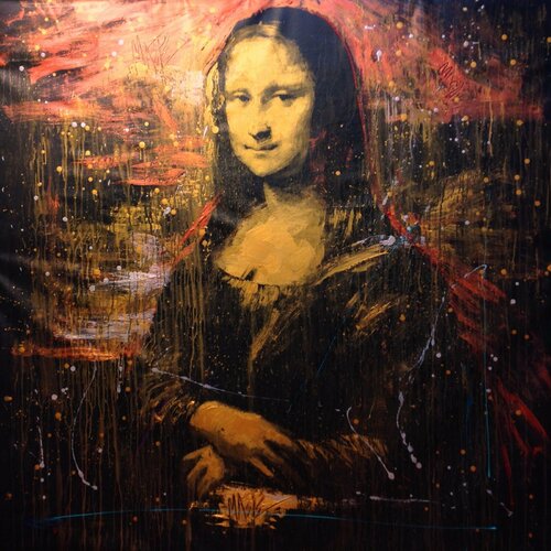 Mona Lisa A pastiche 3 in Gold, Copper, Red, Purple, Two type of Turquoise and Silver by Michael Andrew Law Cheuk Yui, Painting for Sale on Singulart
