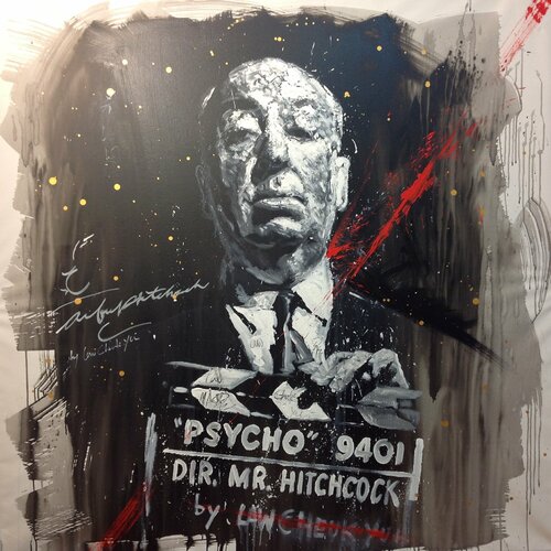 Untitled ( Alfred Hitchcock with his Psycho clapboard ) by Michael Andrew Law Cheuk Yui, Painting for Sale on Singulart