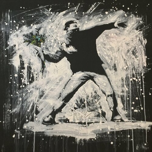 Untitled ( Banksy Love is in the Air Flower Thrower in Black and White ) by Michael Andrew Law Cheuk Yui, Painting for Sale on Singulart