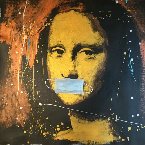 Mona Lisa Portrait Study in Gold, Copper, Turquoise and Silver (SPECIAL INSTALLATION with a Taiwan made surgical mask) by Michael Andrew Law Cheuk Yui, Painting for Sale on Singulart