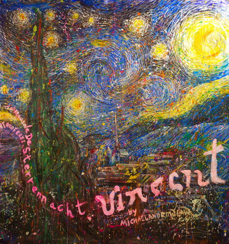 Untitled Art History Painting ( Van F'n Gogh's The F'n Starry Night ) by Michael Andrew Law Cheuk Yui, Painting for Sale on Singulart