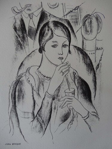 Femme buvant une orangeade, Lithographie originale signée de Jean Berque, Impresión a la venta en Singulart