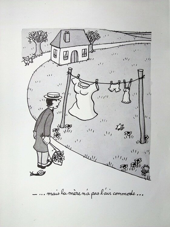 Le beau fils et la belle mère et les coquelicots, Lithographie humoristique signée Jean Effel