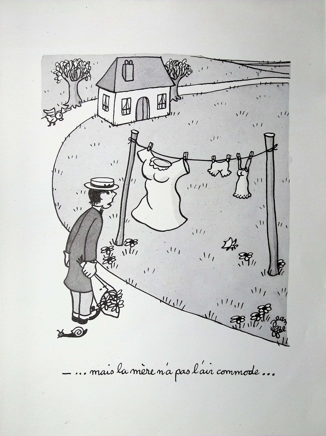 Le beau fils et la belle mère et les coquelicots, Lithographie humoristique signée Jean Effel Afdruk te koop