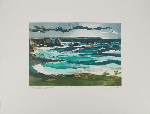 Bretagne, Pleine mer dans un crique, Gravure originale signée Jeannine Hervé
