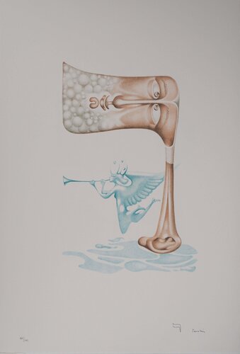 L’alphabet Hébreu, Homme et trompette céleste, Lithographie originale signée von Jules Perahim, Druck kaufen auf Singulart