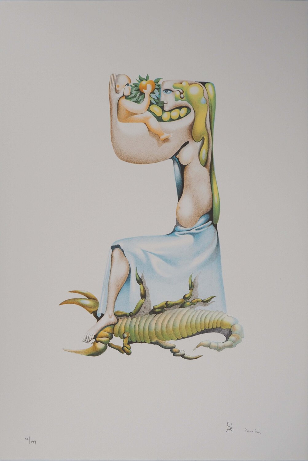 L’alphabet Hébreu, Maternité à la pomme, Lithographie originale signée Jules Perahim Druck zu verkaufen