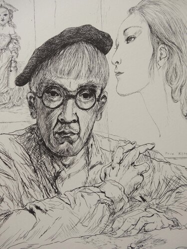 Autoportrait au béret avec sa femme Kimiyo di Léonard-Tsuguharu Foujita, Stampa in vendita su Singulart