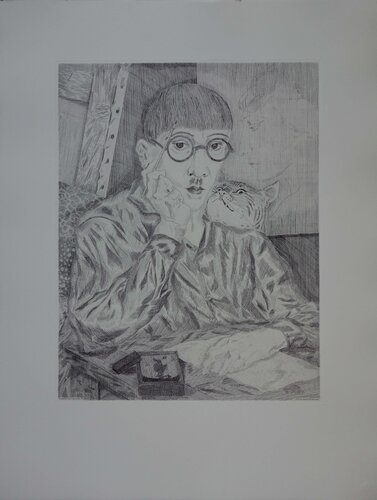 Autoportrait au chat, Gravure originale signée di Léonard-Tsuguharu Foujita, Stampa in vendita su Singulart