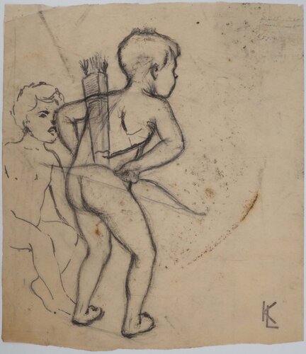 Enfants au tir à l'arc, dessin original Léopold-Franz Kowalski