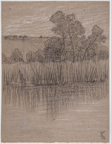Paysage de bord d'étang, dessin original by Léopold-Franz Kowalski, Drawing for Sale on Singulart