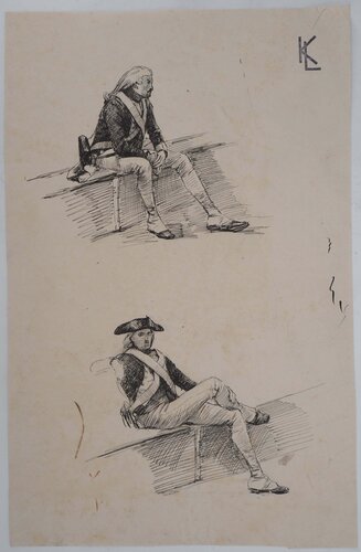 Deux soldats assis, dessin original by Léopold-Franz Kowalski, Drawing for Sale on Singulart