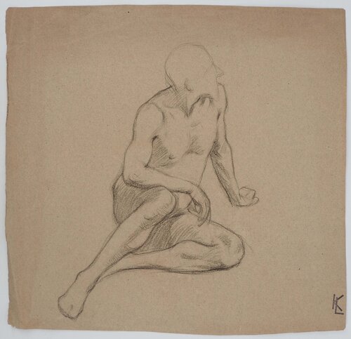 Nu masculin assis, dessin original Léopold-Franz Kowalski
